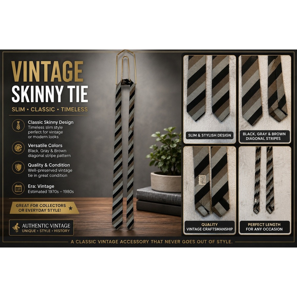 Vtg Skinny Tie Black Gray Brown Diagonal Stripe 1970s 1980s Retro Acetate Slim